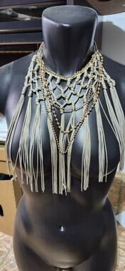 Chico's Olive Green Macrame Woven Bib Necklace with Gold Beads & Long Fringe